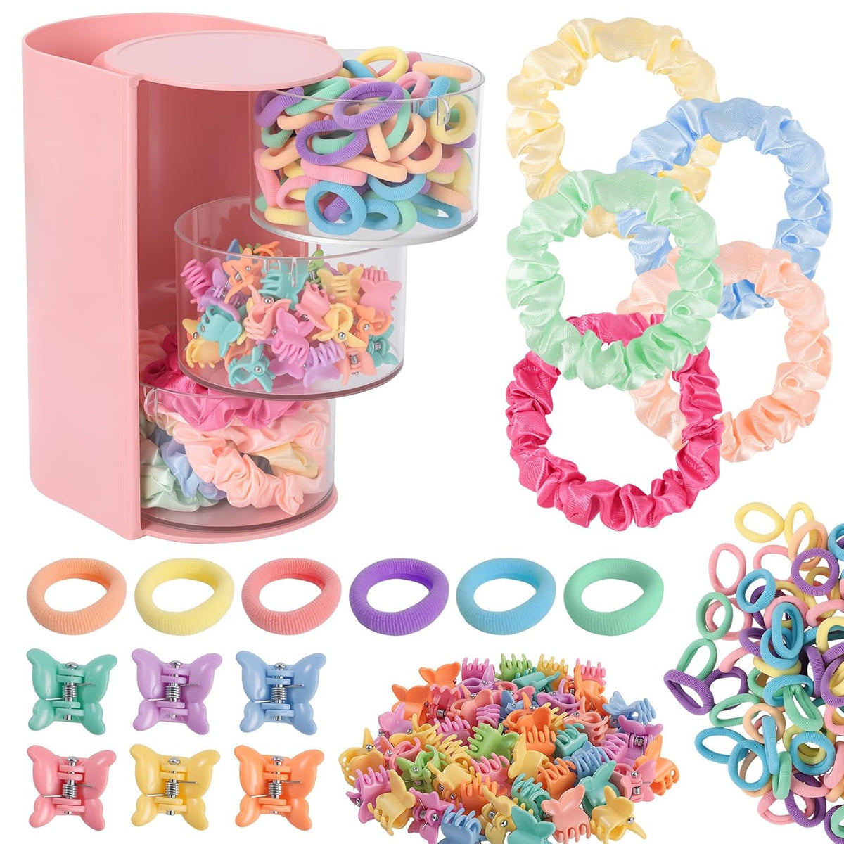 Hair Accessories Organizer with 100 Baby Ties 50 Clips 10 Satin Hair Ties