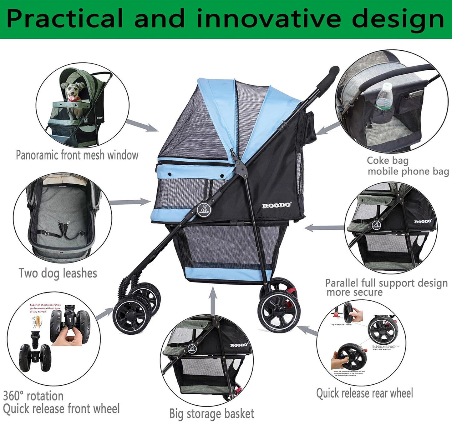 ROODO 4 Wheel Dog Cat Pet Stroller Best Lightweight Foldable Compact Portable Jogger All Terrain Travel Pet Gear Puppy Doggie Bunny Kitty Stroller for up to 30Lbs Medium Small Dogs Cats(Sky Blue)