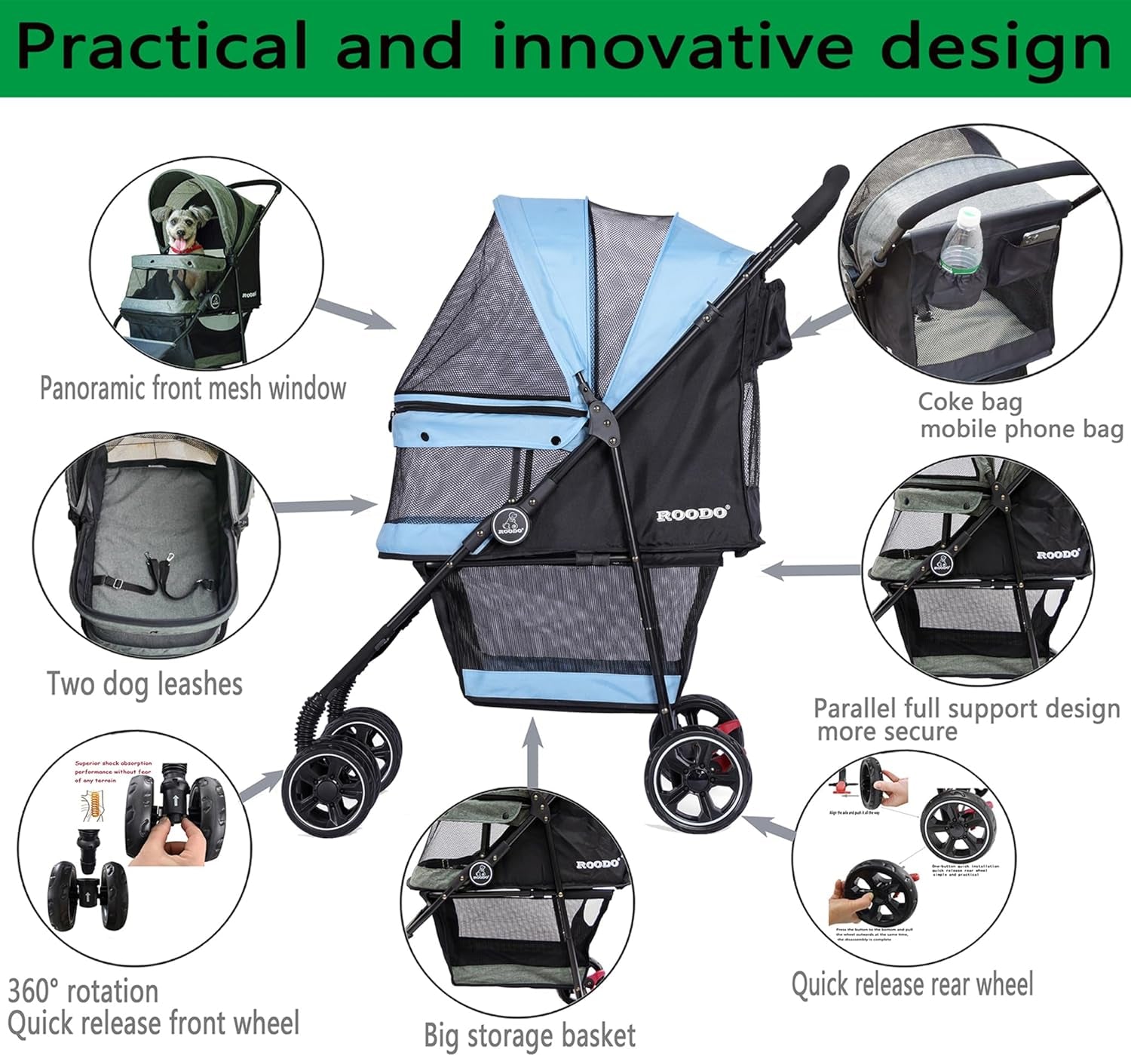 ROODO 4 Wheel Dog Cat Pet Stroller Best Lightweight Foldable Compact Portable Jogger All Terrain Travel Pet Gear Puppy Doggie Bunny Kitty Stroller for up to 30Lbs Medium Small Dogs Cats(Sky Blue)