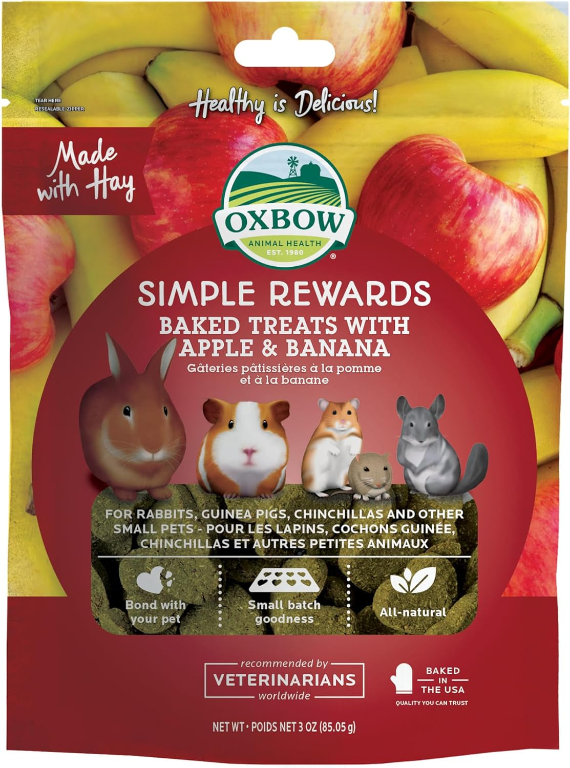 Oxbow Simple Rewards Apple Banana Treats, Timothy Hay Guinea Pig & Bunny Treats, Pet Snack, Made with Oxbow Guinea Pig Hay, Made in USA, Timothy for Rabbit, 3 Oz Bag
