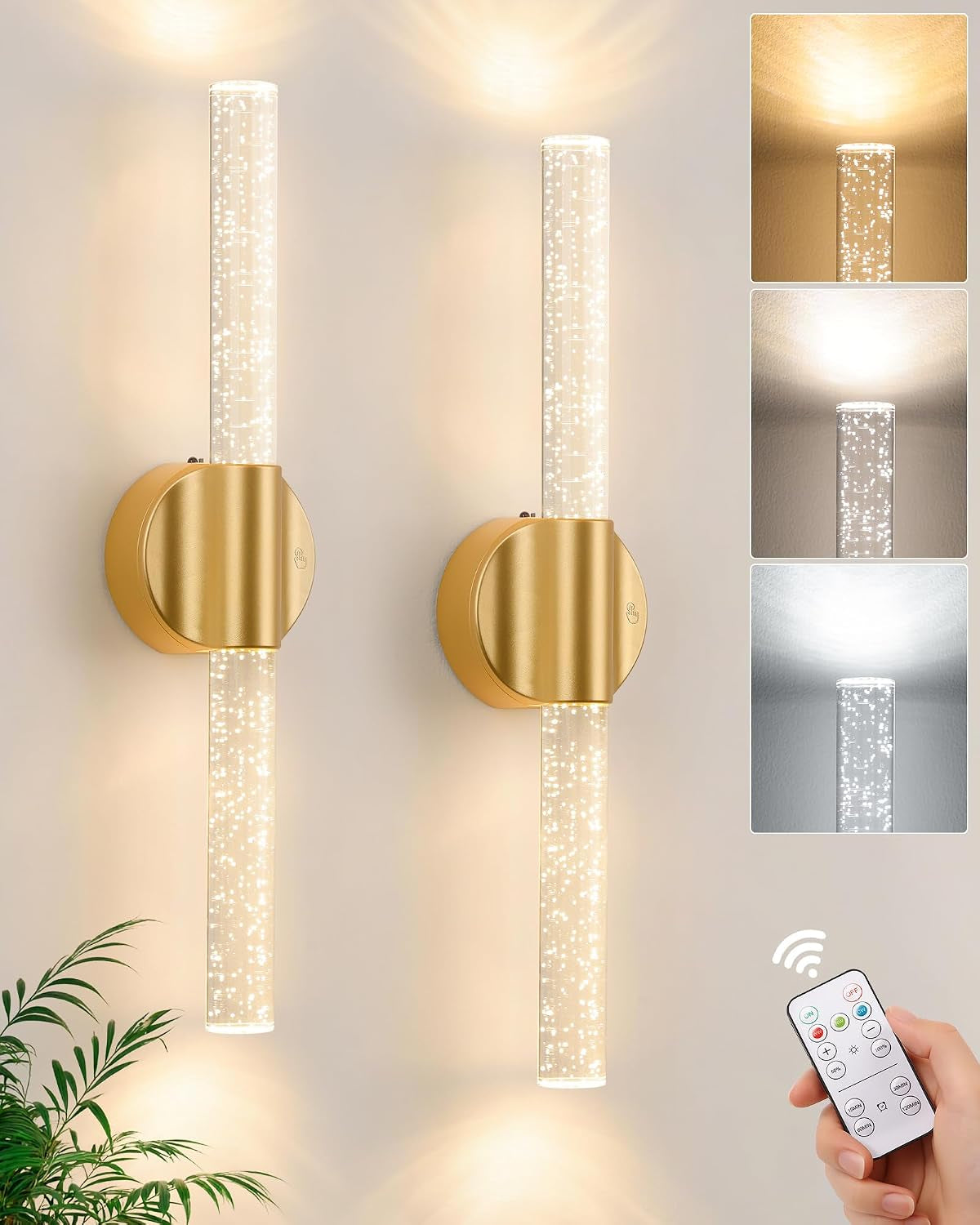 Peel and Stick Gold Rechargeable Magnetic Wireless Wall Sconces Set of 2