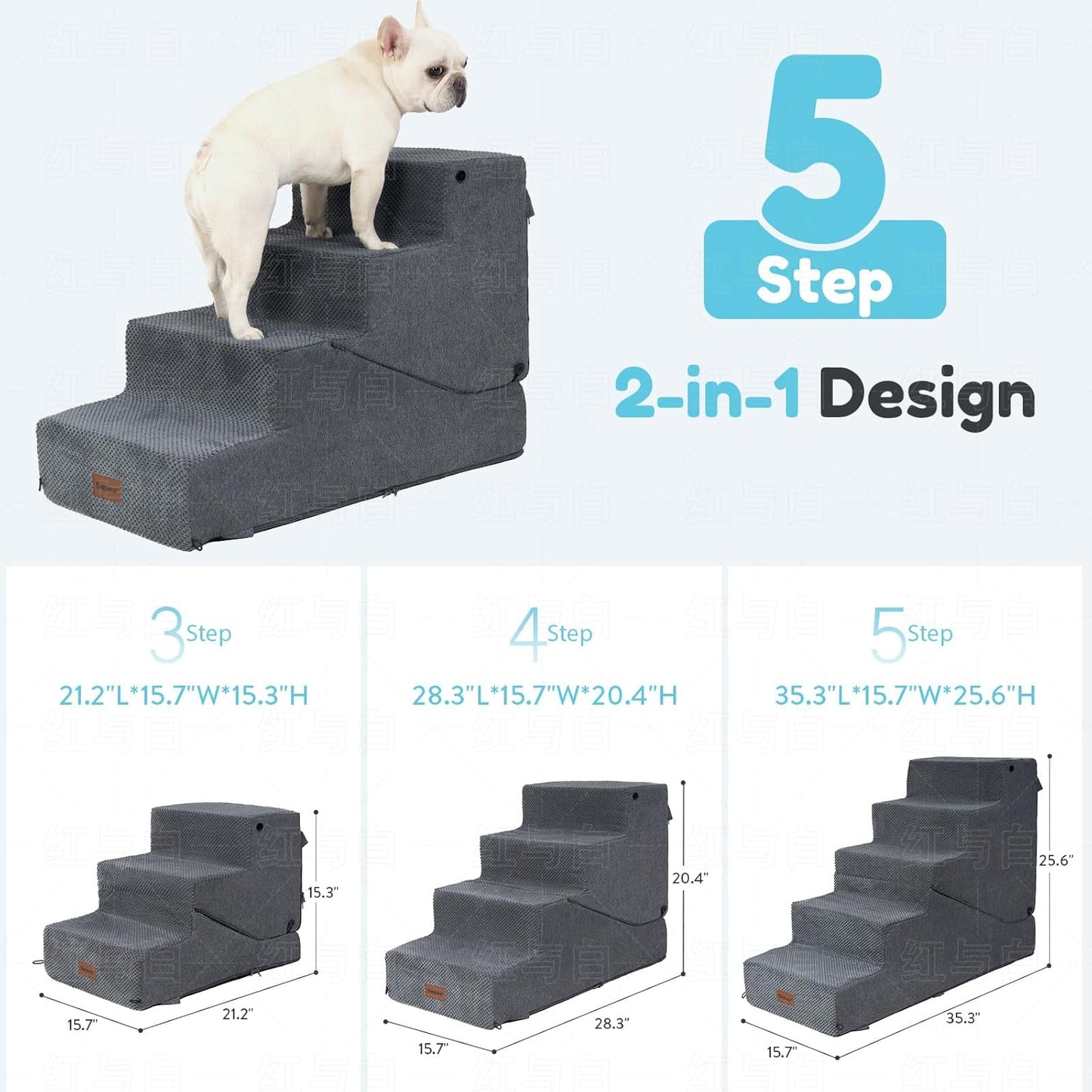 5-Step Dog Stairs and Ramp for Small Dogs and Cats, Pet Steps for High Bed with Non-Slip Bottom, Grey