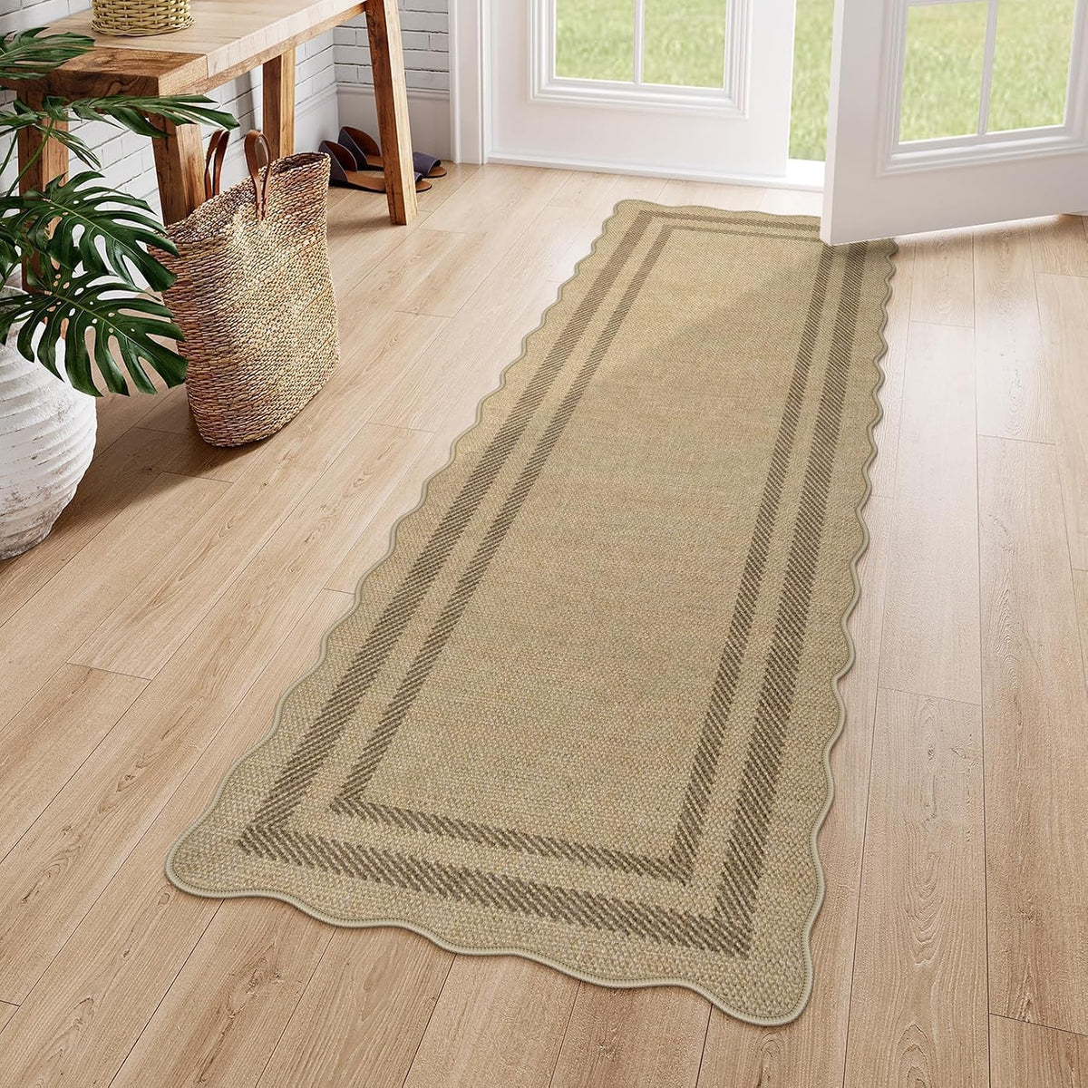 LIVEBOX Scalloped Washable 2X6 Kitchen Runner Rug, Easy Jute Geometric Tan Rugs for Entryway Hallway, Indoor Outdoor Non Slip Rug Farmhouse Modern Carpet Door Mat for Porch Bedroom Laundry Room