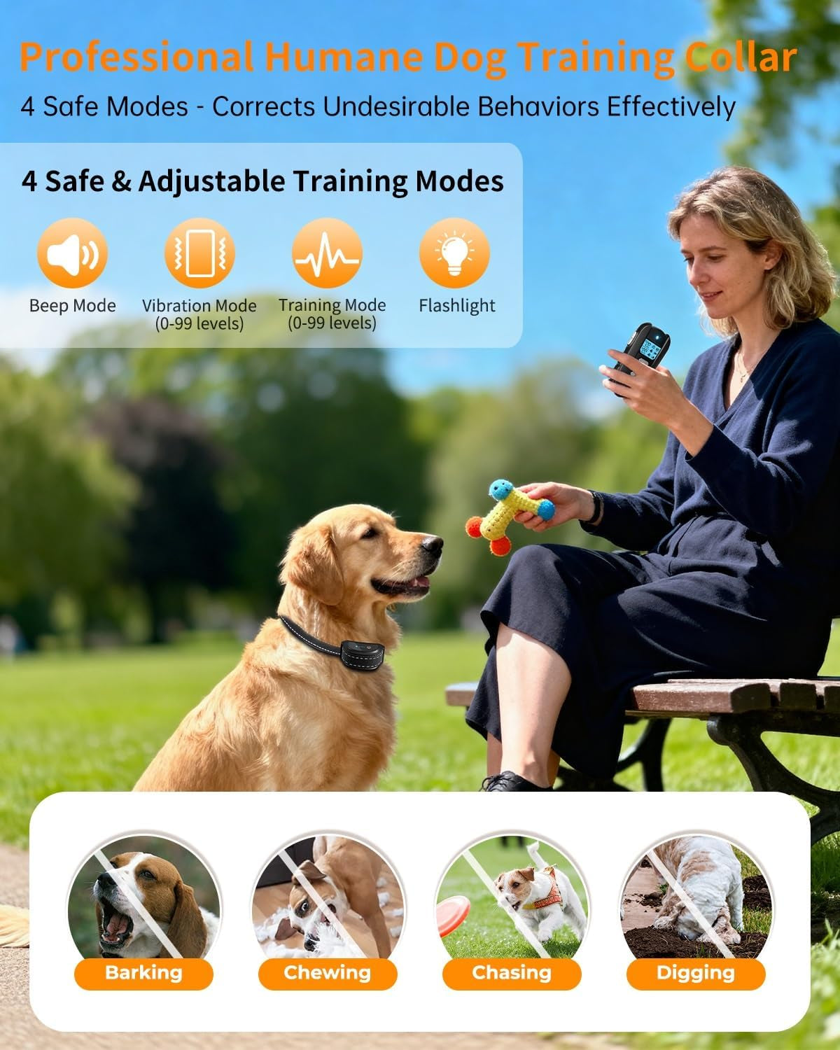 Dog Shock Collar with Remote Control – Shock Collar for Dogs 10–120 Lbs, 2000FT Long Range IPX7 Waterproof Rechargeable Dog Training Collar with 4 Safe Modes Beep Vibration Shock & Flashlight Bk
