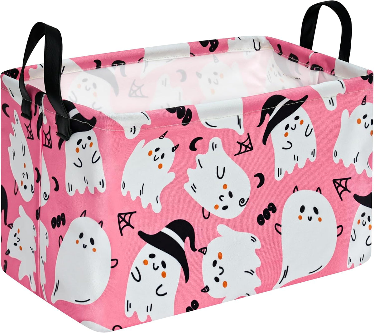 Halloween Pink Ghost Storage Basket Gift Shelf Basket Storage Bin, Toys Nursery Basket Organizer Box for with Handles for Room Deco
