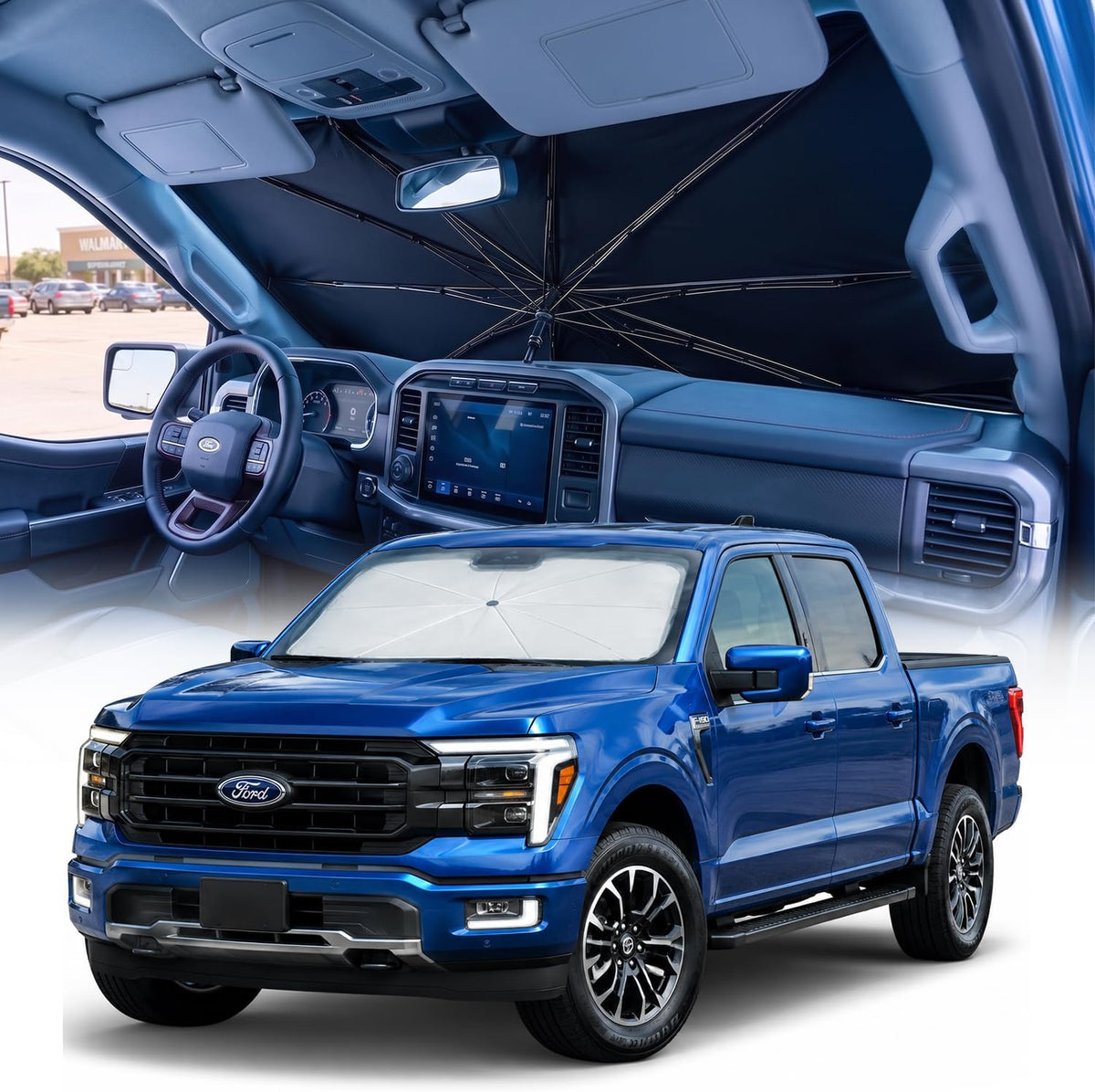 [2026 Upgraded] Weektic Truck Windshield Sun Shade for F-150/Silverado/Tundra/Ram 1500/Sierra - 5 Layers Ice Crystal Coating Blocks 99% UV, Cools Interior | 360° Swivel Handle for Easy Use