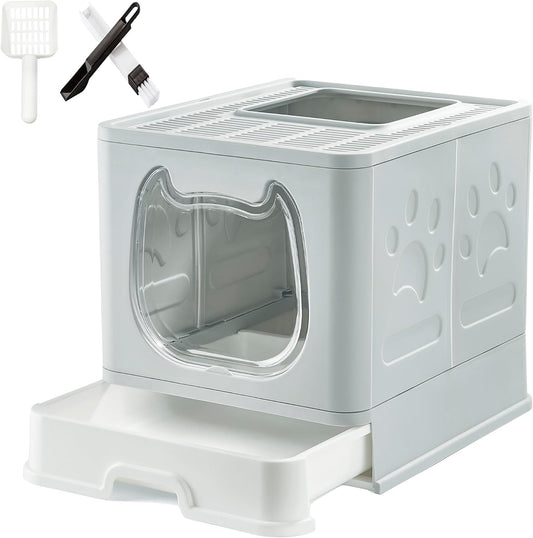 Gefryco Litter Box with Lid for Small to Medium Cats, Enclosed Cat Litter Box with Cover，High Sided Top Entry Cat Box with Brush and Scoop, Cute Kitty Litter Pan with Drawer for Growing Kittens(Grey)