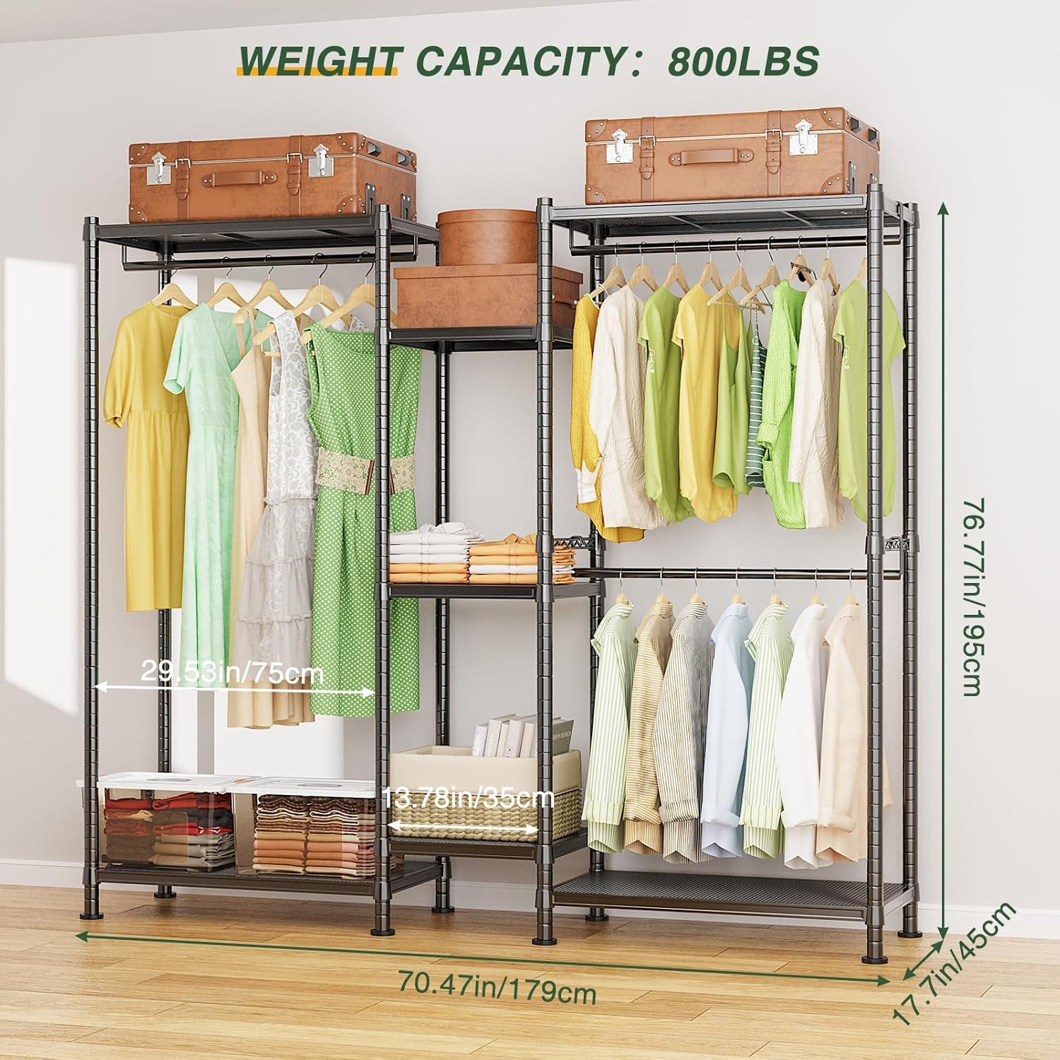 LEHOM G6 Clothes Rack Heavy Duty Freestanding Garment Rack with Shelves, Metal Clothing Closet Wardrobe Storage System for Hanging Clothes, 76.8" D X 17.7" W X 74.4" H, Hold 800 Lbs, Black