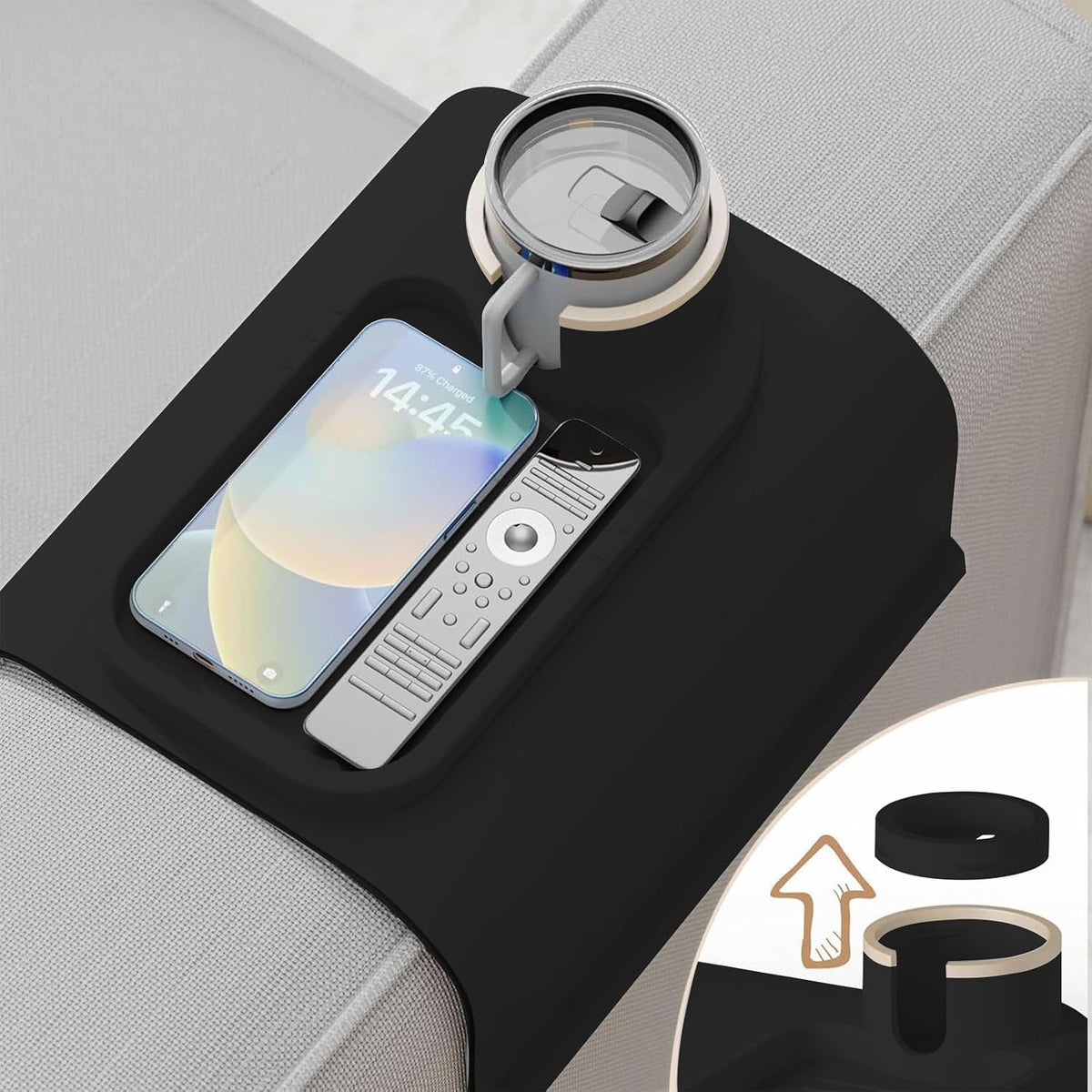 Couch Cup Holder Tray for 8 Inch Sofa Arm,Silicone Couch Drink Holder-Flexible Couch Caddy for Phone, Snacks, and Remotes, Gifts for Mom, Gifts for Women - Black