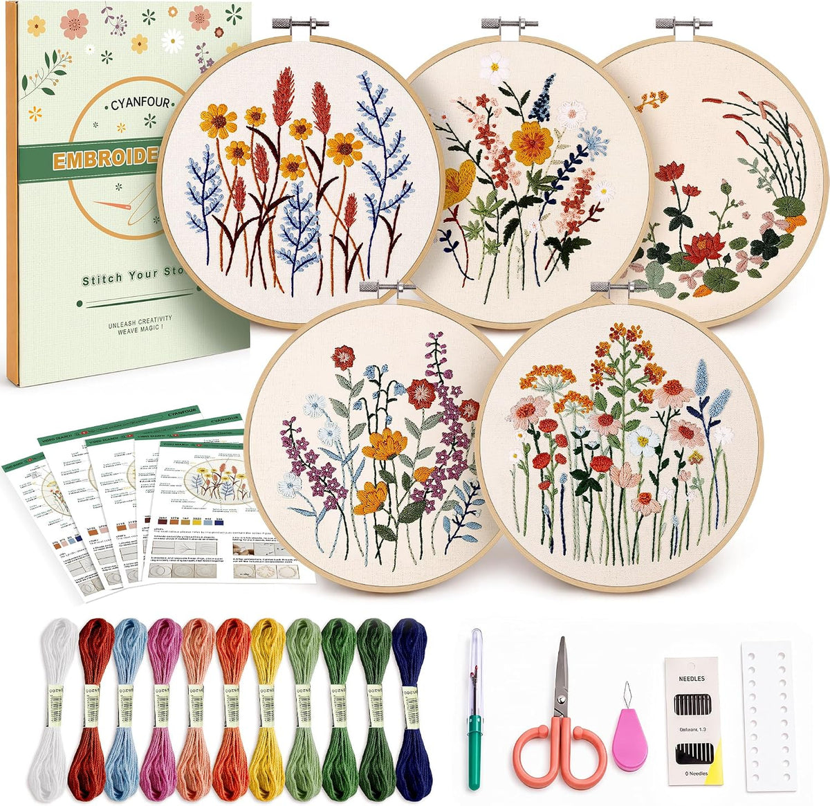 CYANFOUR 5 Pack Beginner Embroidery Kit for Adults with Video & Instruction