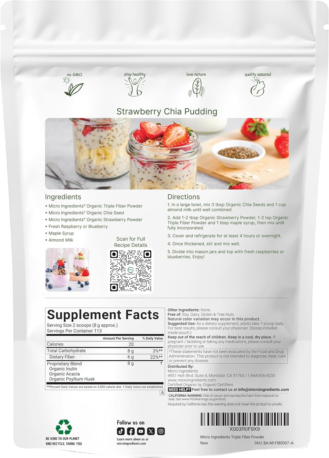 Micro Ingredients Organic Triple Fiber Powder, 2Lb | Natural Prebiotic to Support Digestive & Gut Health | Soluble, Easily Digestible | Unflavored, Vegan