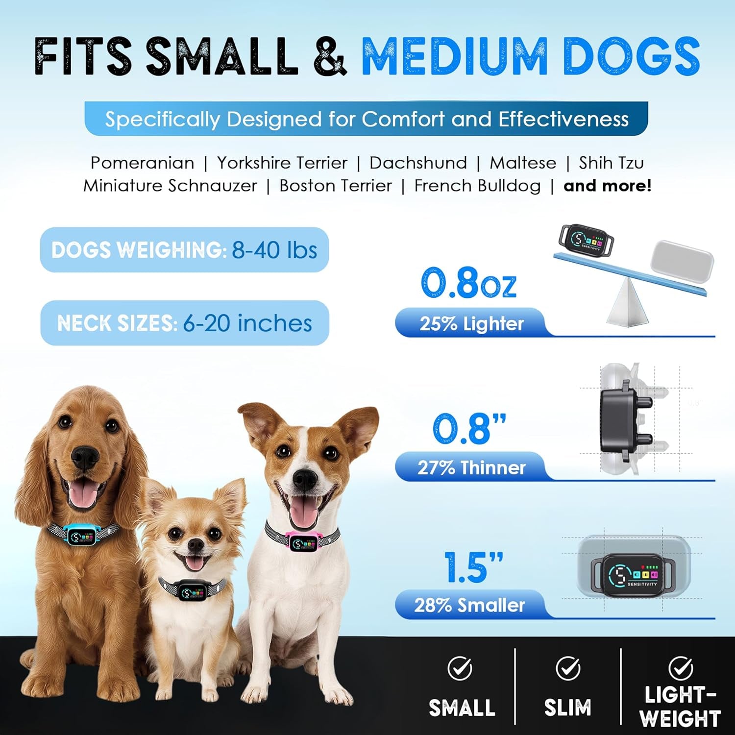 Bark Collar for Small Dogs 8-40 Ibs - No Shock anti Barking Collar with Al Chip - 3 Modes & 5 Sensitivity Levels - Waterproof, Rechargeable, Magnetic Charging - Humane, Effective Training (Black)