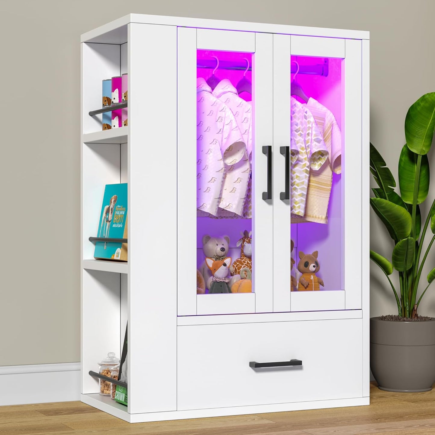 Kepptory Pet Wardrobe Closet with LED Light, Side Storage Shelves & Drawer, White Pet Clothes Organizer Cabinet with Hanging Rod, Multi-Functional Pet Closet for Dogs & Cats Clothing, Toys