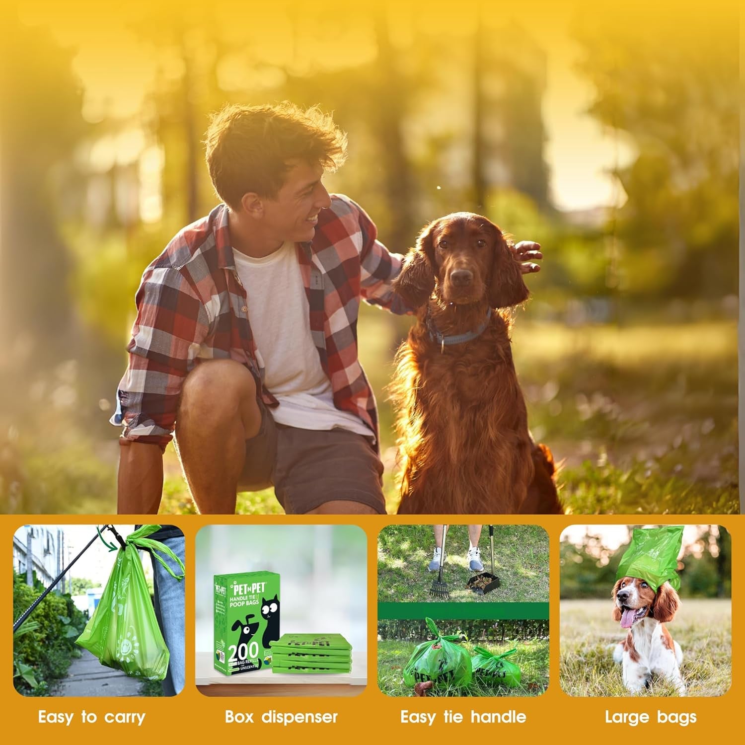 Pet N Pet 200 Counts Unscented Dog Poop Bags with Tie Handles, 41% Plant Based & 59% PE Poop Bags for Dogs, Extra-Thick Doggie Poo Bag, Pet Waste Bag