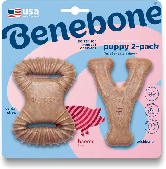 Benebone Puppy 2-Pack Dental Chew/Wishbone Dog Chew Toys, Real Bacon