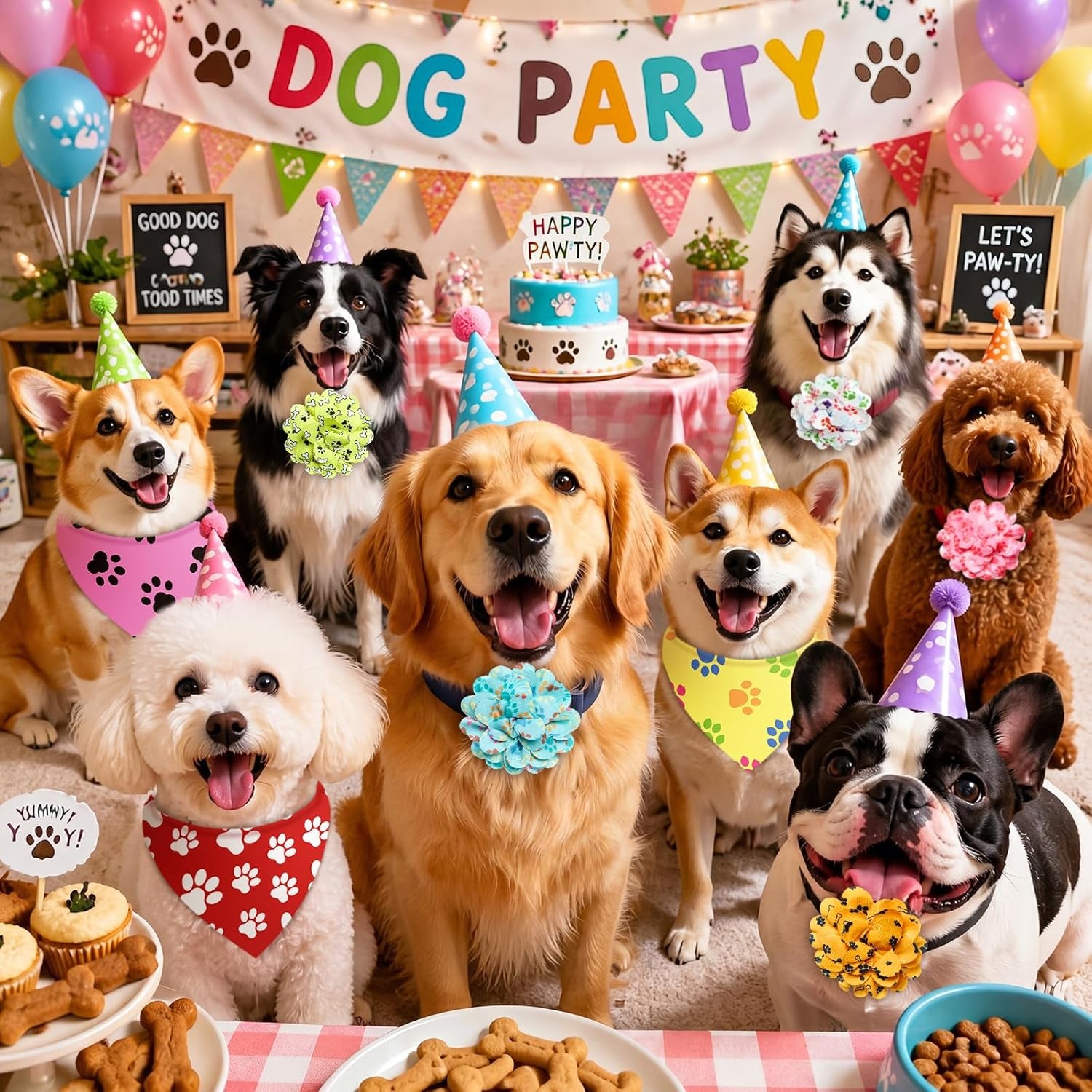Huhumy 100 Pack Paw Print Dog Bandanas & Flowers, Cute Dog Paw Pattern Scarf Set, Photo Props & Grooming Accessories for Groomers, Pet Shops & Multi-Dog Families, 25 Styles