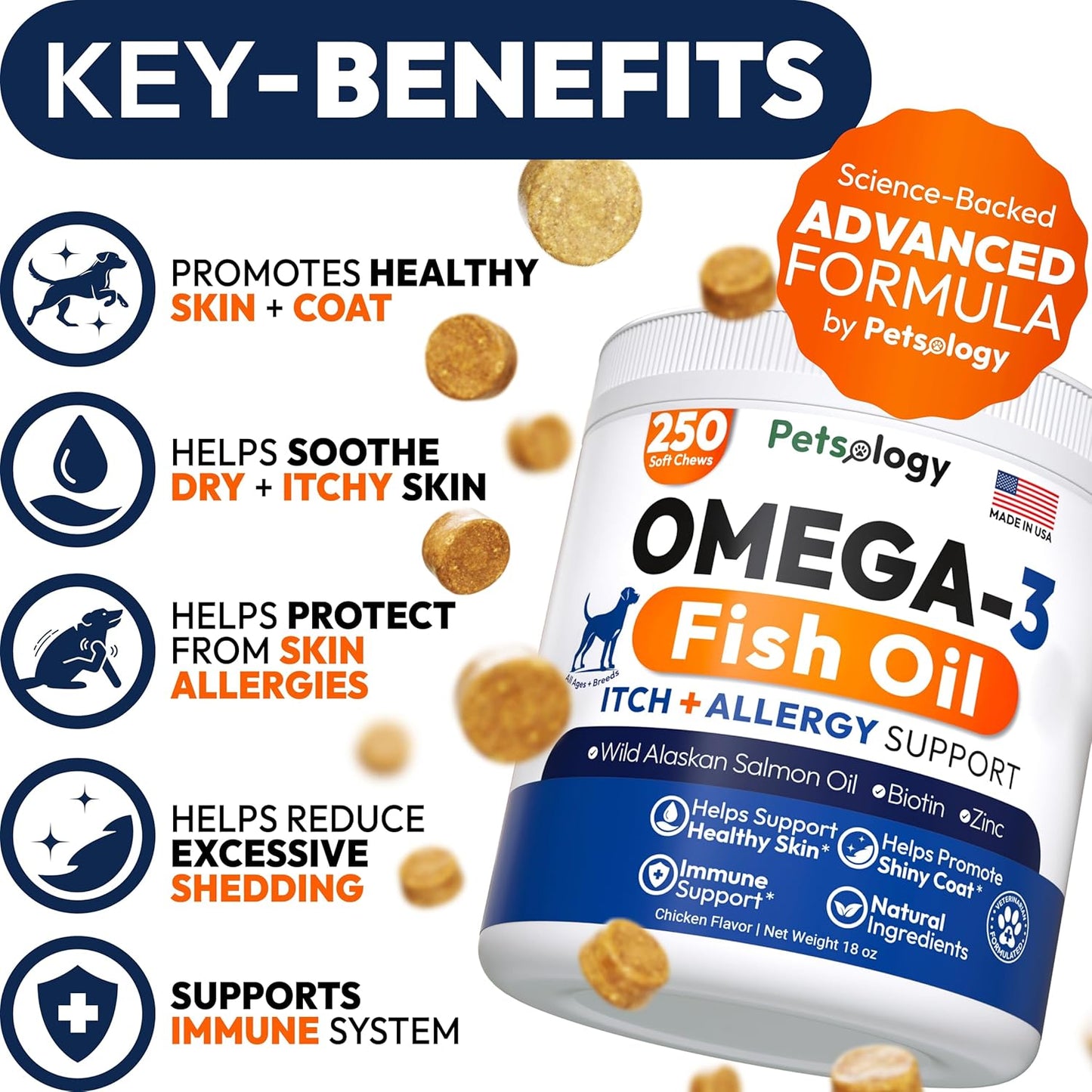 Omega 3 for Dogs - 250 Fish Oil Chews for Dog Shedding, Allergy & Itch Relief, Hot Spot Treatment - Advanced Skin & Coat Supplement - Joint Health - EPA & DHA Fatty Acids - Salmon Oil & Probiotics