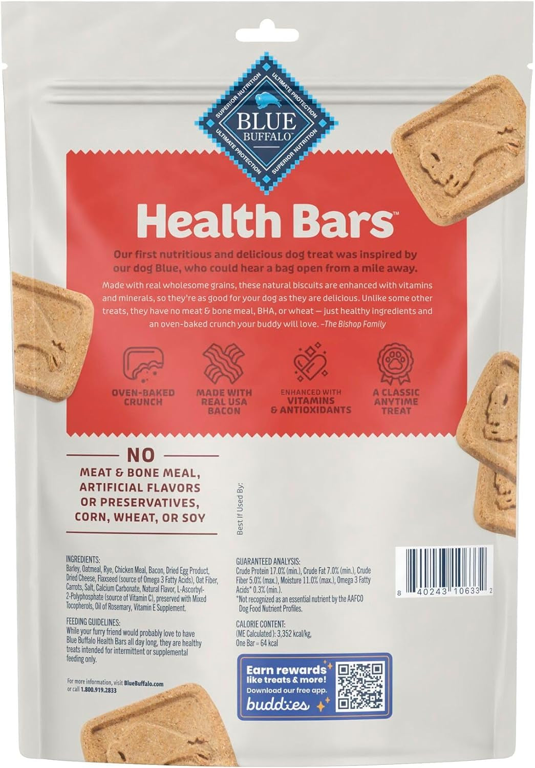 Blue Buffalo Health Bars Crunchy Dog Biscuits, Oven-Baked with Natural Ingredients, Bacon, Egg & Cheese, 16-Oz Bag