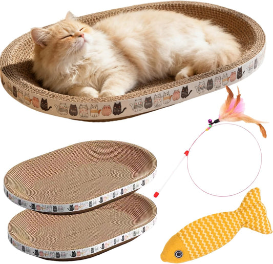 Cat Scratcher Bed with Toys, 2 Pack Oval Cat Scratcher Cardboard, Indoor Cat Scratch Bowl, Large Pad Cat Scratching Board with Catnip Fish Toy & Feather Wand for Furniture Protector
