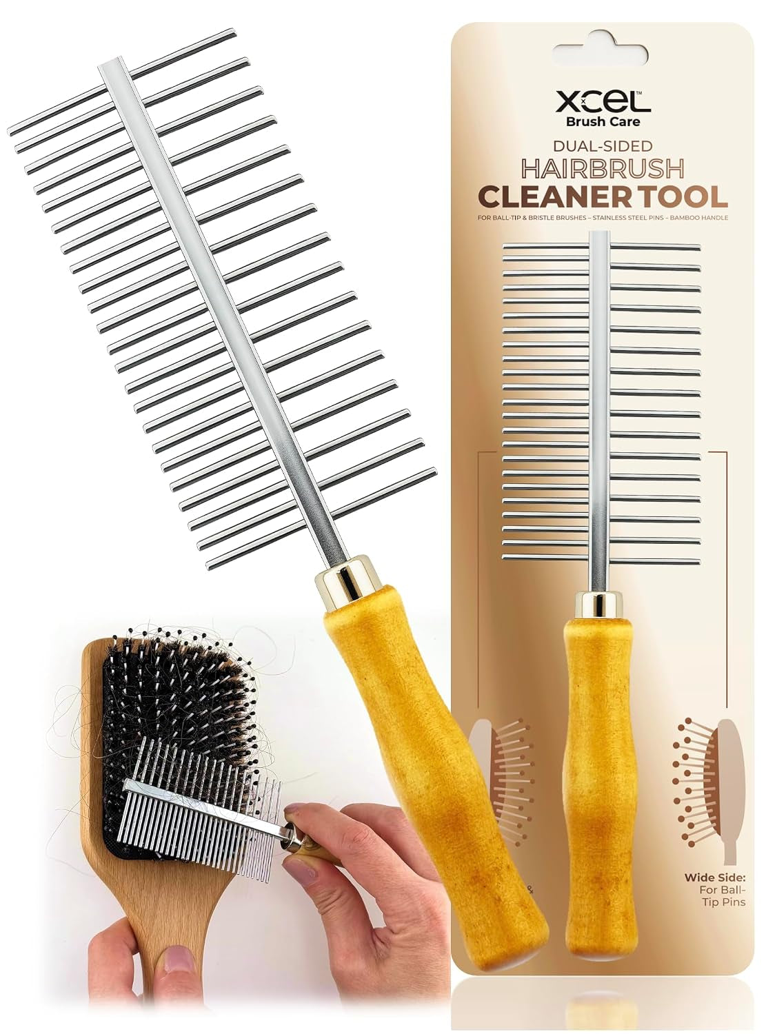 XCEL 2-In-1 Hair Brush Cleaner Tool – Rake & Comb for Boar Bristle Brushes