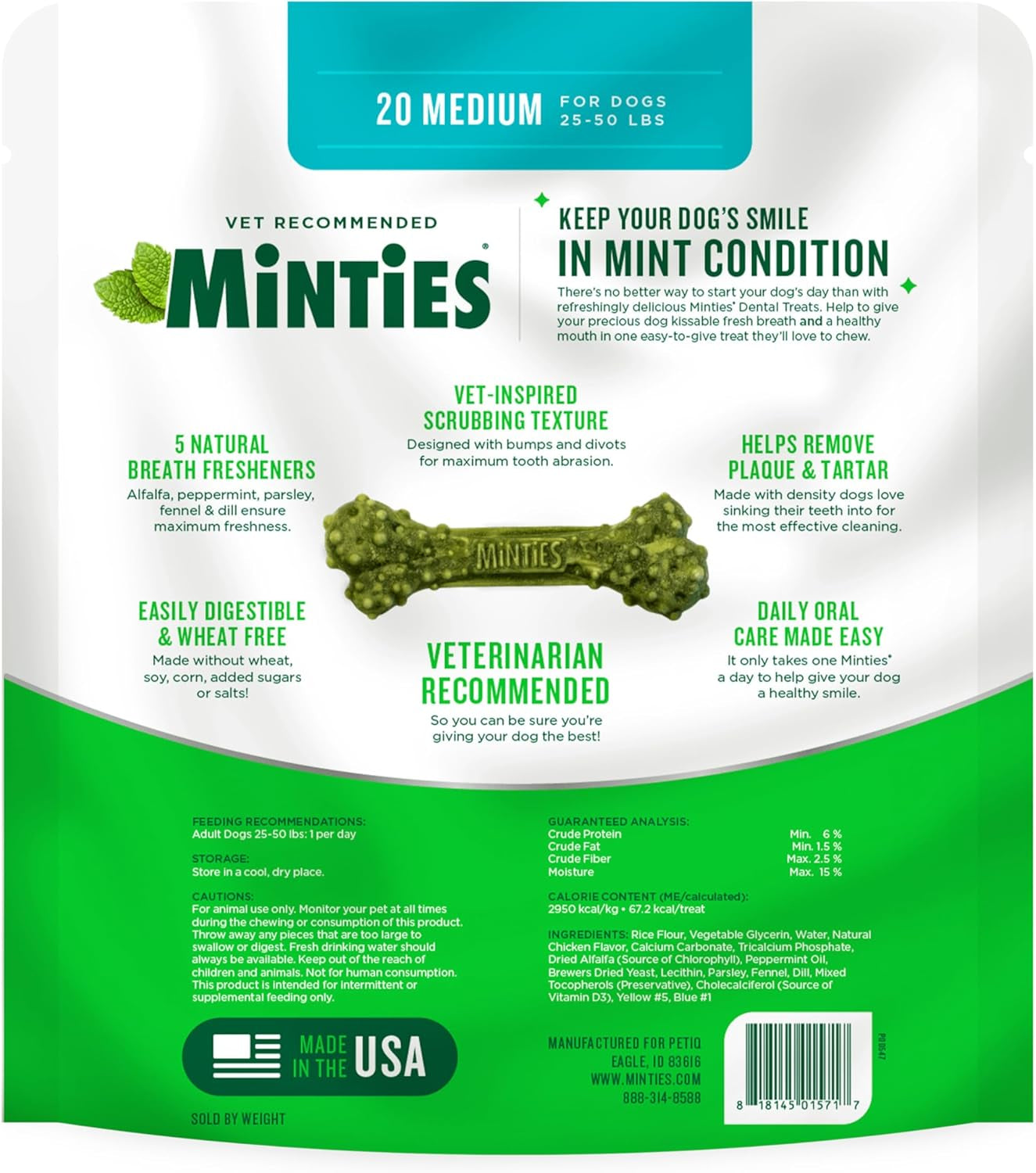 Minties Dental Chews for Dogs, 20 Count, Vet-Recommended Mint-Flavored Dental Dog Treats for Medium Sizes 25-50 Lbs, Bones Clean Teeth, Fight Bad Breath, and Removes Plaque and Tartar