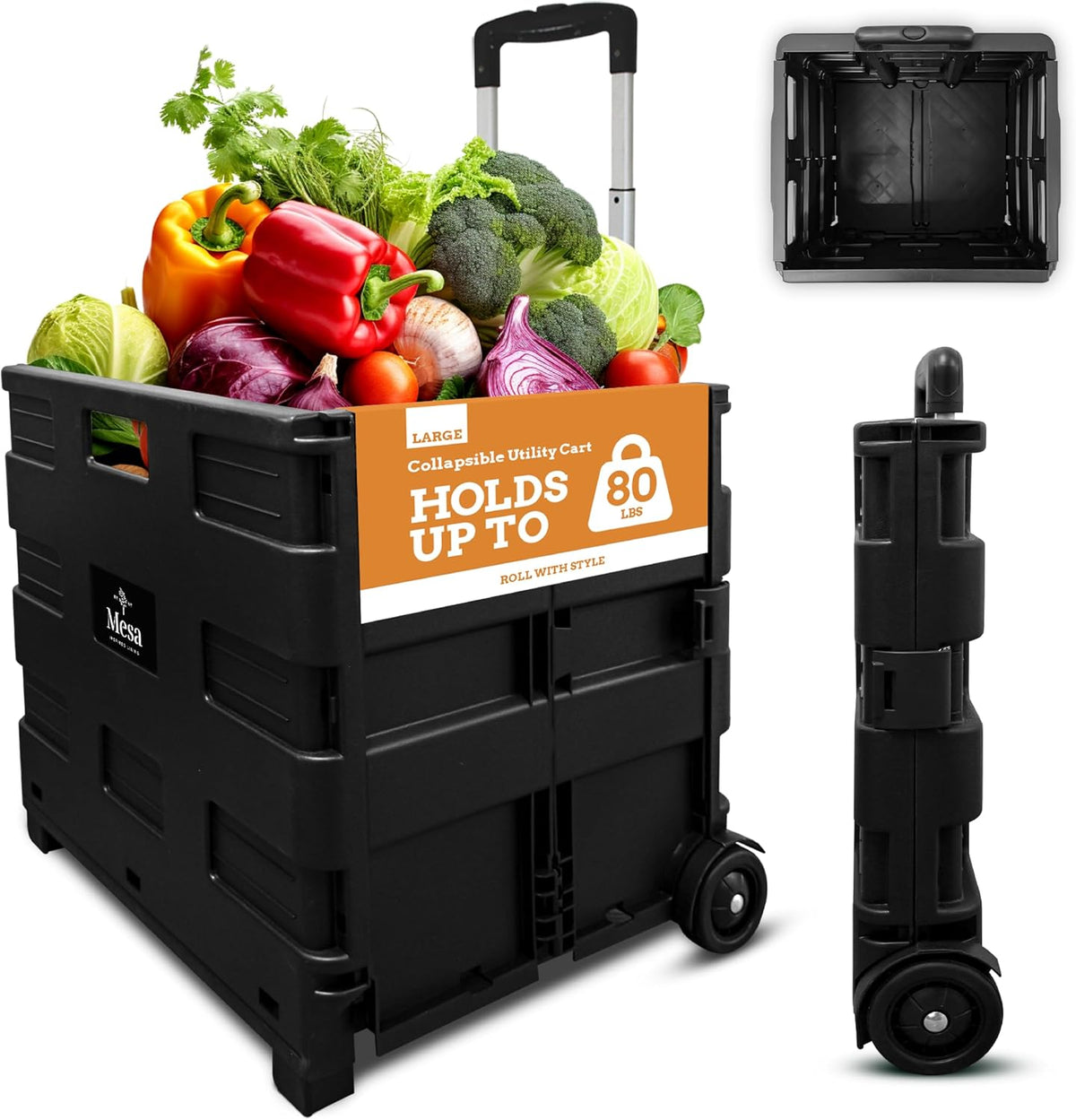 Inspired Living Collapsible Ultra-Slim Pack-N-Roll, 2 Wheel Utility Cart , with Telescopic Handle - Super Strong up to 80 Lbs Load Capacity, Black
