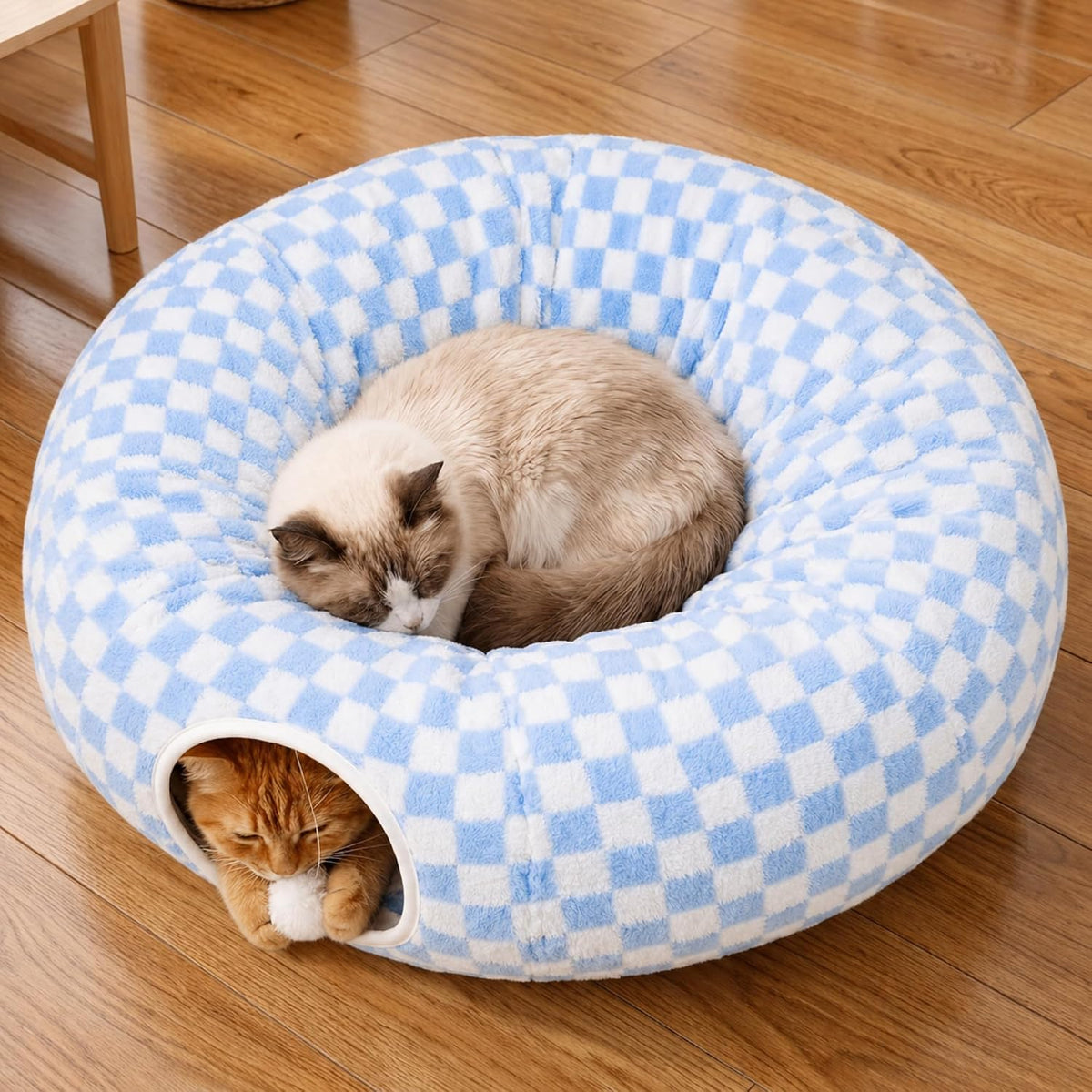 Meowfia Indoor Cat Tunnel with Donut Bed - Large Flexible Play Space for Multiple Pets - Circle or Snake Shape, Cozy Lounge (Azure Check)