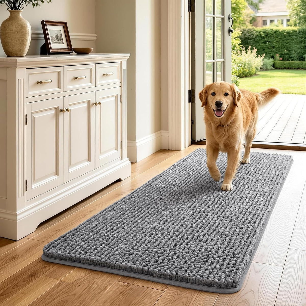 Ophanie Dark Grey Door Mat Runner 60X24, Muddy Mats for Dog,Soft Chenille for Paws,Non Slip Absorbent Quick Dry Doormat,Machine Washable Thick Pet Area Rug Sets for Entryway with 24 Pcs Lint Sheets