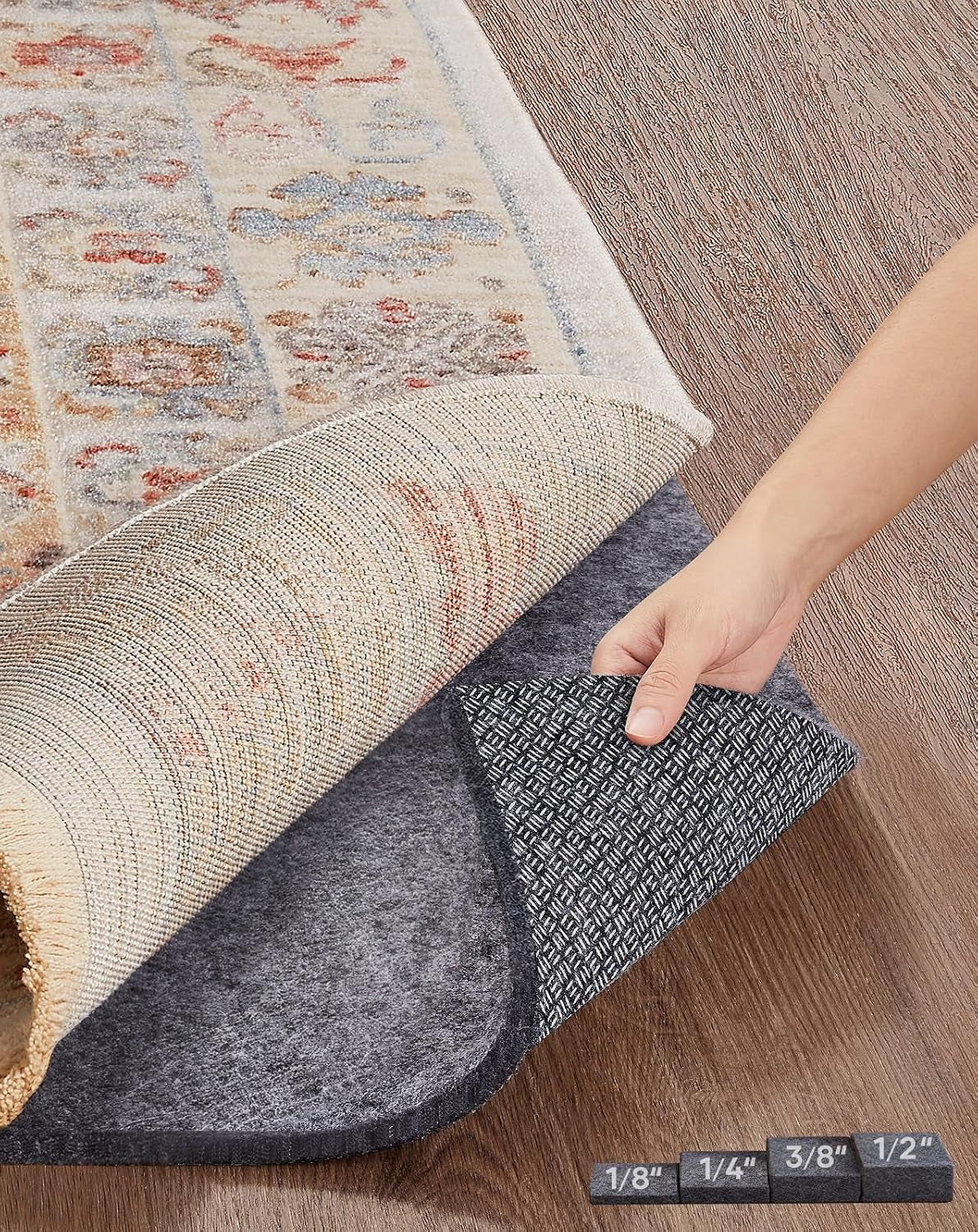 Veken Non Slip Cushioned Rug Pad Gripper, Felt and Silicone Backing, 8 X 10 Ft, 1/4 Inch Thick Carpet Liner Protector Mat for Area Rugs and Hardwood Floors, with over 99 Pcs Anti-Slip Strips Pattern