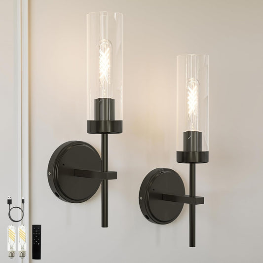 Battery Operated Wall Sconce with Remote Control, 2 Pack, Black