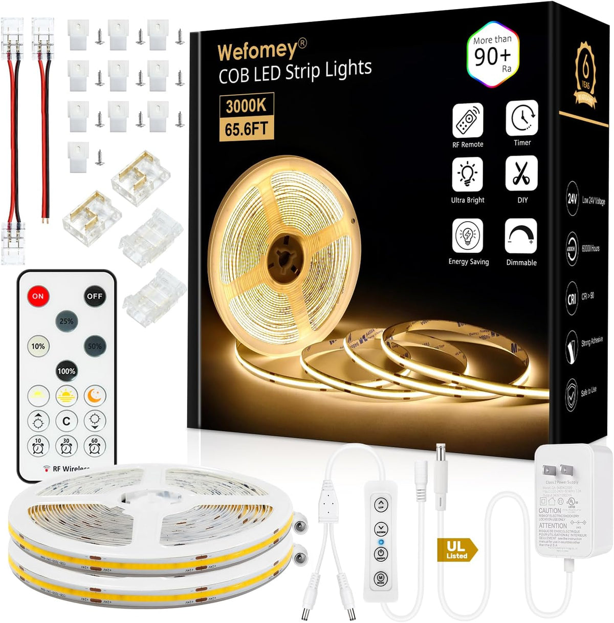 66Ft COB LED Strip Lights 3000K Warm White Dimmable DC 24V UL Power Supply