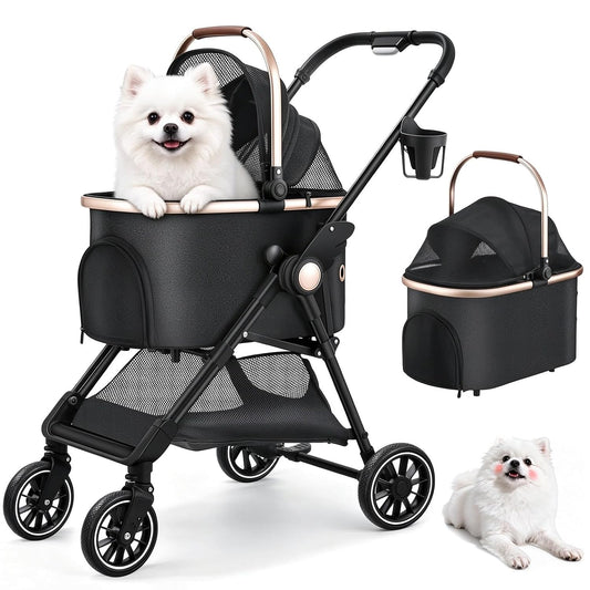3-In-1 Foldable Pet Stroller for Small Dogs & Cats, All-Terrain Travel Dog Stroller with Detachable Basket, Breathable Mesh & Safety Tethers, Storage Basket & Cup Holder, up to 33 Lbs