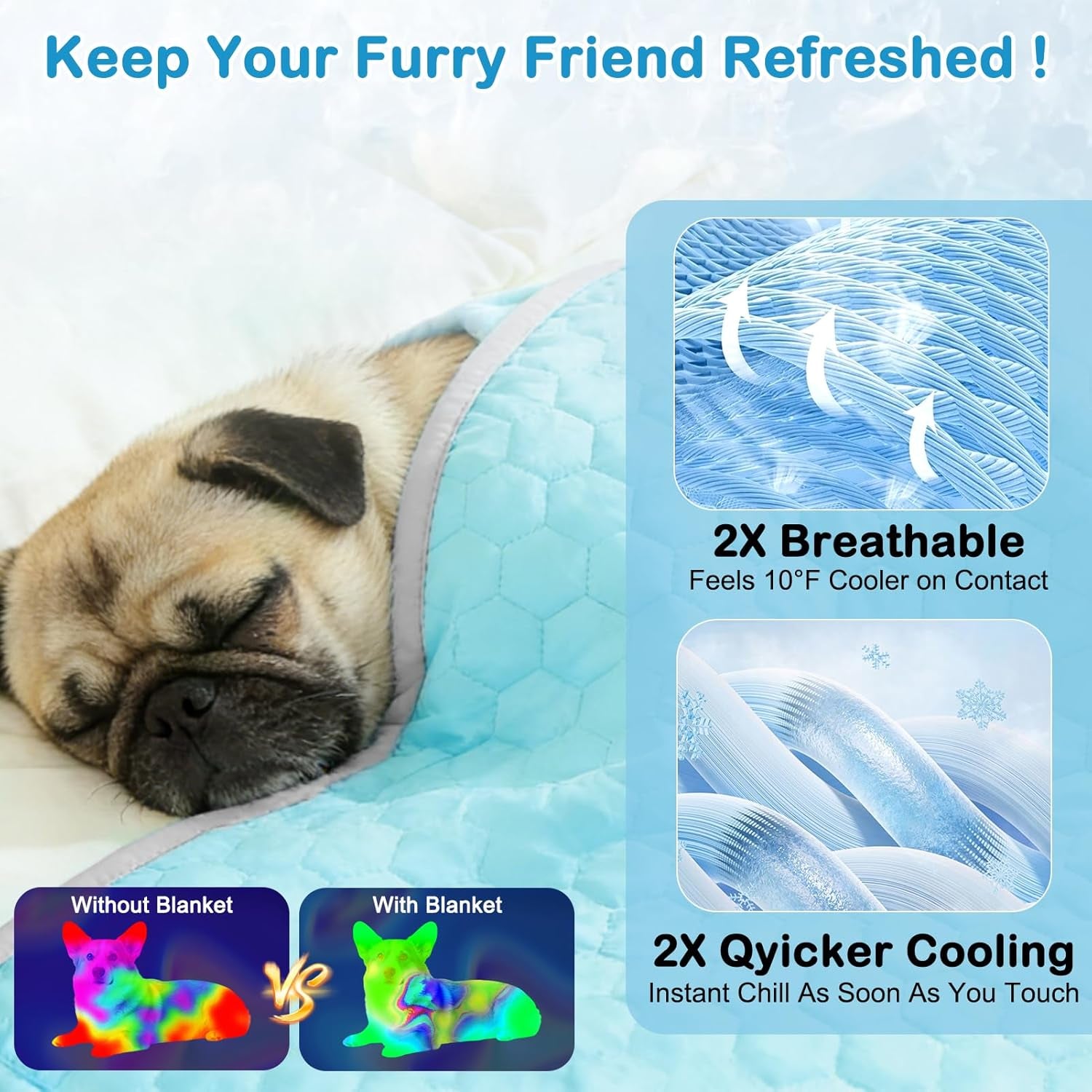 Vivifying Cooling Blanket for Dogs, Reversible Ice Silk Dog Cooling Mat with Soft Plush Backing, Summer Pet Blanket Throw for Couch Bed Crate Floor Travel, 30 X 40 Inch (Blue&Grey)