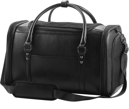 Stylish Leather Pet Carrier for Small Dogs and Cats up to 15 Lbs, Airline Approved Lightweight Travel Tote with Breathable Mesh and Shoulder Strap Black