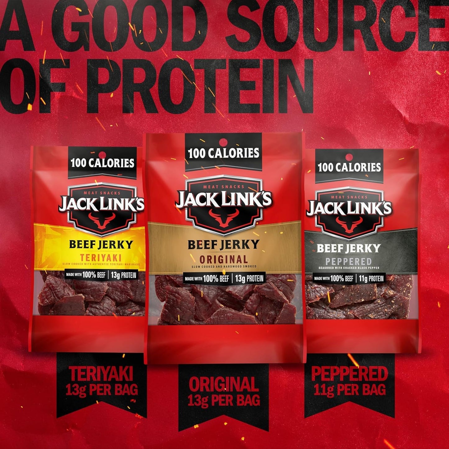 Jack Link'S Beef Jerky Variety Pack - Original, Teriyaki & Peppered - (15 Pack) 1.25 Oz Bags - Ready to Eat Real Meat Protein Snacks - Made with 100% Real Beef