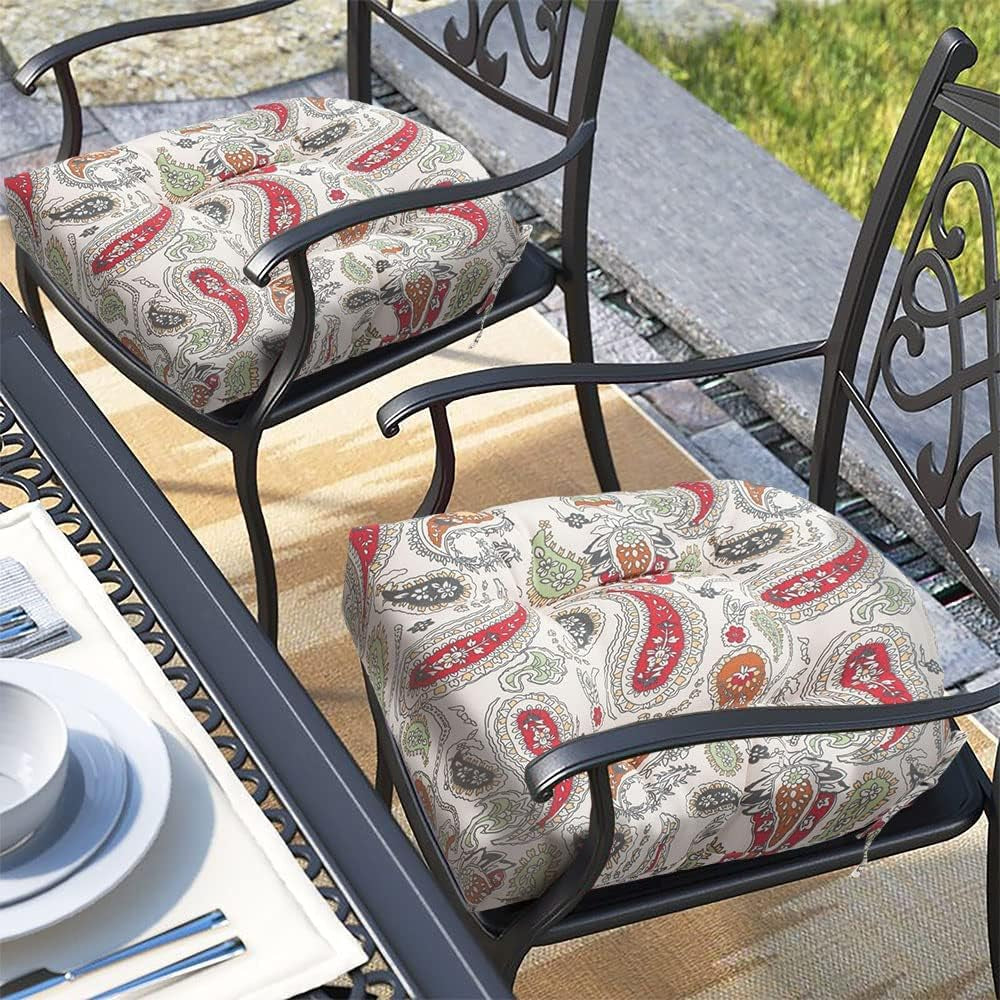 Magpie Fabrics Outdoor Tufted Seat Cushion 19"X19" (Paisley Red Beige)