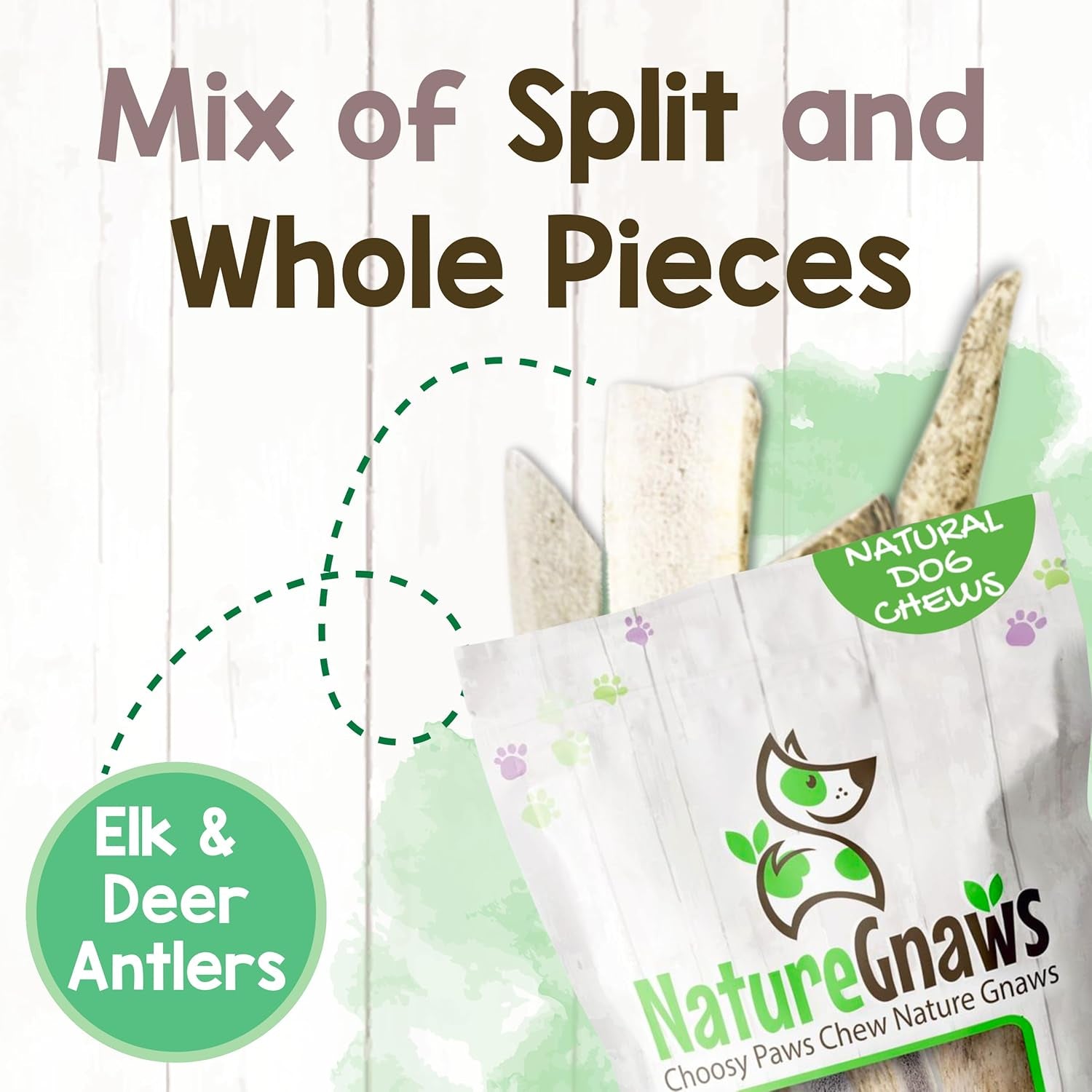 Nature Gnaws Antlers for Dogs (8Oz) - Mix of Elk and Deer Antler - Variety of Split and Whole Pieces - Long Lasting for Aggressive Chewers and Large Dogs