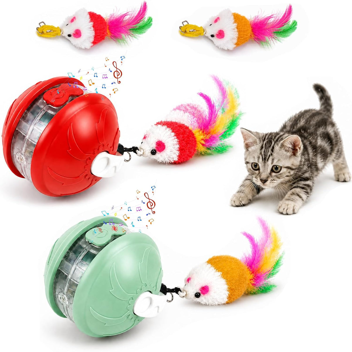 Interactive Cat Toys Smart Ball for Cats & Dogs! Now with 2 Rapid Tails. Features: 360°Auto-Rolling, Motion Activation& Bird Sounds. Perfect for Indoor Pet Exercise & Fun. (Red-Green)