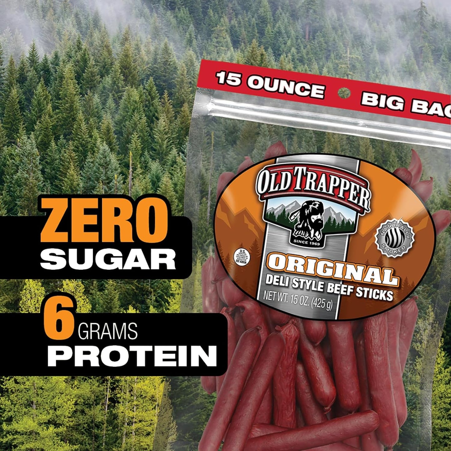 Old Trapper Original Deli-Style Beef Sticks,15-Ounce Package, Perfect for On-The-Go Snacking, Six Grams of Protein and Zero Grams of Sugar per Serving (Pack of One)