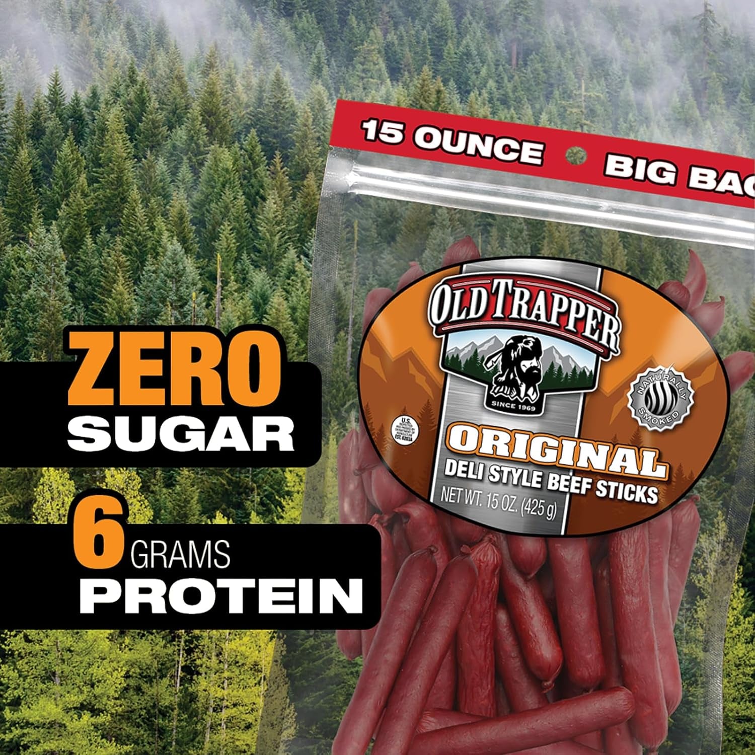 Old Trapper Original Deli-Style Beef Sticks,15-Ounce Package, Perfect for On-The-Go Snacking, Six Grams of Protein and Zero Grams of Sugar per Serving (Pack of One)