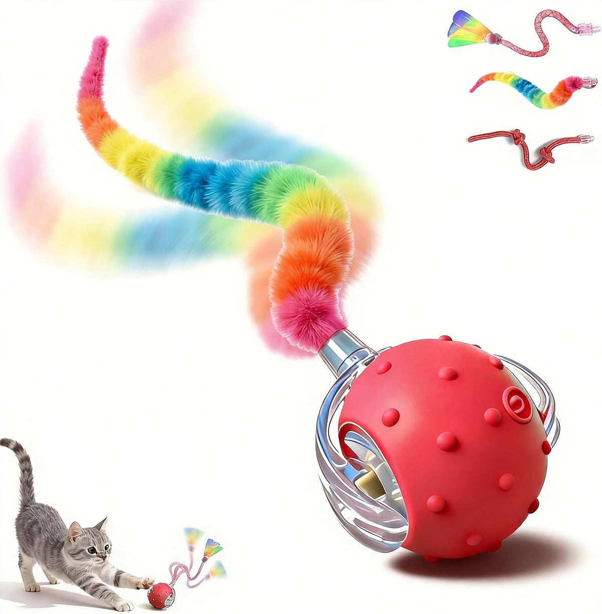 Interactive Cat Toy, Auto Chirping Ball W/ 3 Tails, Self Play Indoor