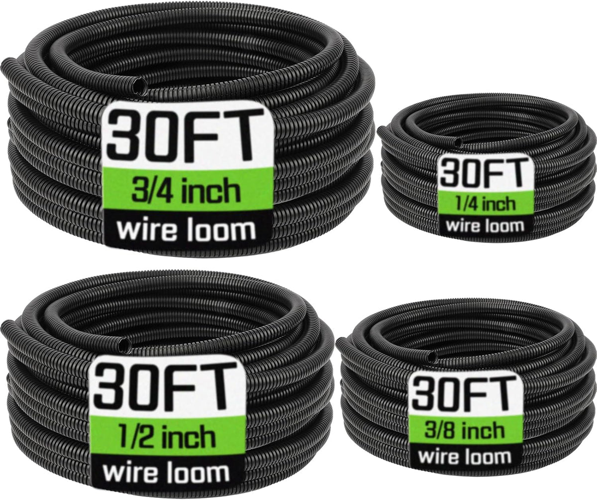 Wire Loom 1/4", 3/8", 1/2", 3/4 Inch X 30 FT, Split Wire Loom Tubing Wire Conduit, Cable Sleeves Bulk Flexible Electrical Conduit Protective Kit, Black