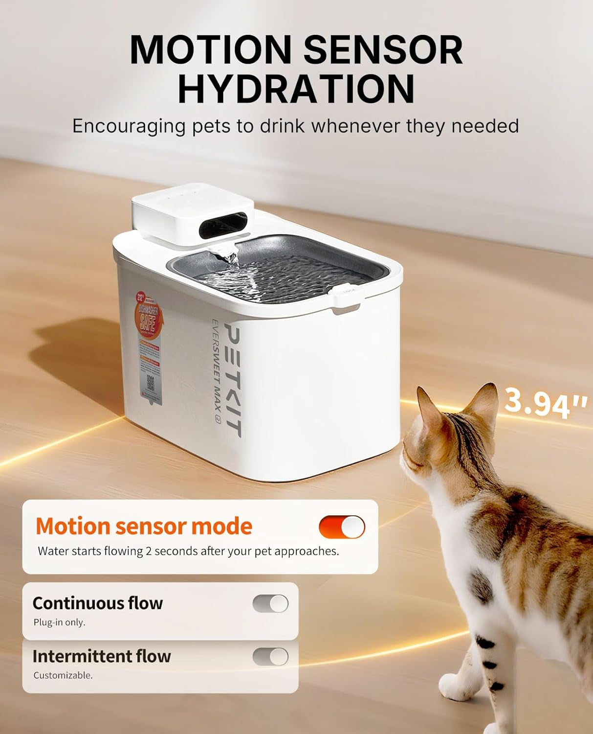 PETKIT Dishwasher Safe Cat Water Fountain, Cordless Automatic Cats Drinking Fountain with Motion Sensor, 101 Oz/3L Pet Fountain for Cats Dogs Inside, Smart App Control & Stainless Steel Tray