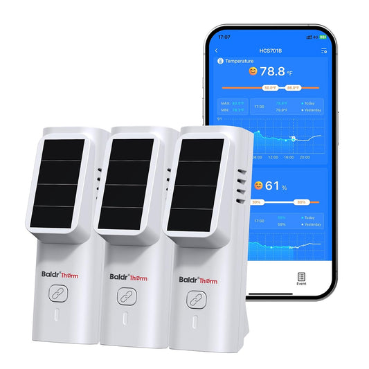 Baldrtherm Solar Bluetooth Temperature & Humidity Monitor, Wireless Thermometer with Date Storage, Real-Time Alerts, 262 Feet Connecting Range, Apply for Room Greenhouse, Pet Cages, 3Pack