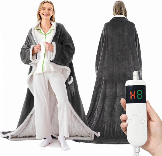 Wearable Heated Blanket with Sleeves & Foot Pocket, Heated Throw Blankets Fast Heating Blanket with 10 Heat Settings Auto Shut off Over-Heat Protection-Warm Gift, Machine Washable, 52”*72”+18”