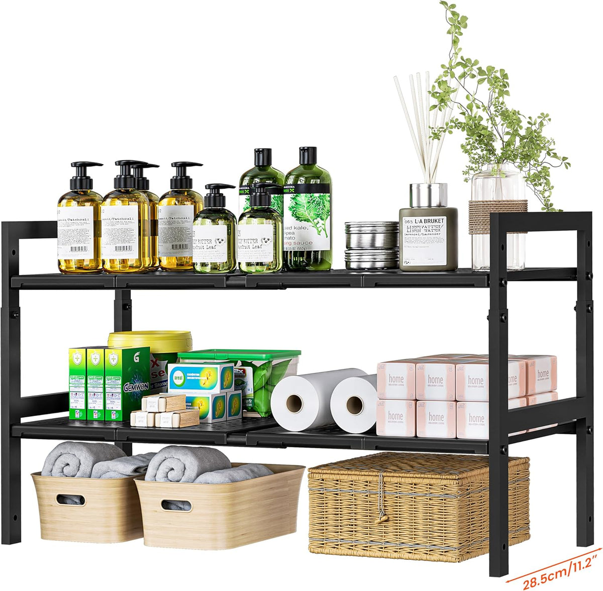 Under Sink Organizer and Storage 16.5"-30.7" Expandable Length, Adjustable Height Max 16.7" under Sink Shelf 2 Tier with Removable ABS Panels Metal Frame for Bathroom Kitchen Pantry Cabitnet Pot Pan