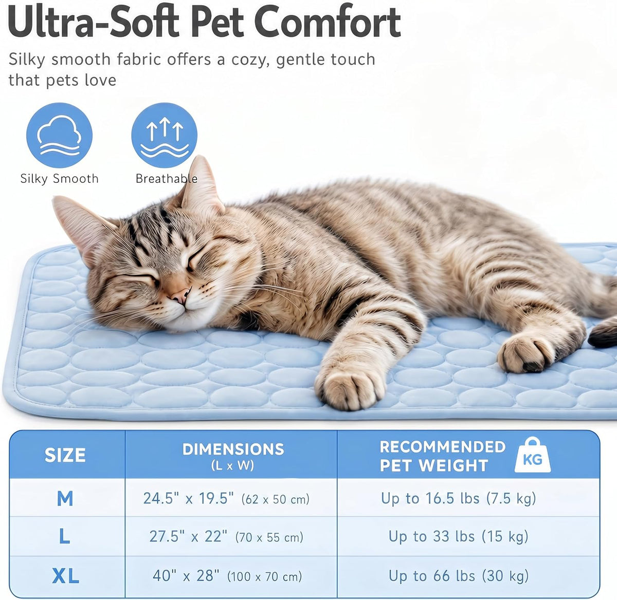 Dog Cooling Mat for Dogs & Cats, Breathable Ice Silk, No Gel Design, Non-Slip Washable Cooling Bed for Crate, Couch, Car, Indoor Outdoor (Large)