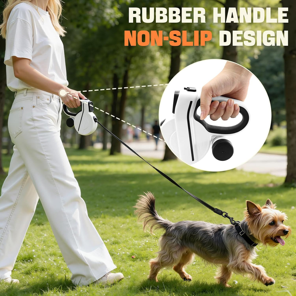 Retractable Dog Leash with LED Light & Reflective Tape for Night Walk, 16Ft Dog Leash with Poop Bag Dispenser, Chew-Proof Steel Cable, One-Button Brake & Lock for Medium Dogs up to 66 Lbs (BLK&WHT)
