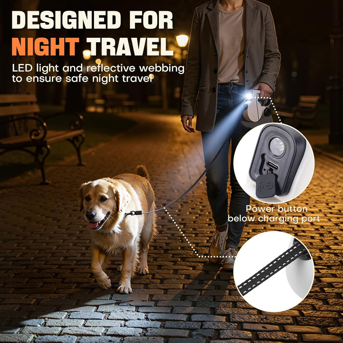 Retractable Dog Leash with LED Light & Reflective Tape for Night Walk, 16Ft Dog Leash with Poop Bag Dispenser, Chew-Proof Steel Cable, One-Button Brake & Lock for Medium Dogs up to 66 Lbs (BLK&WHT)
