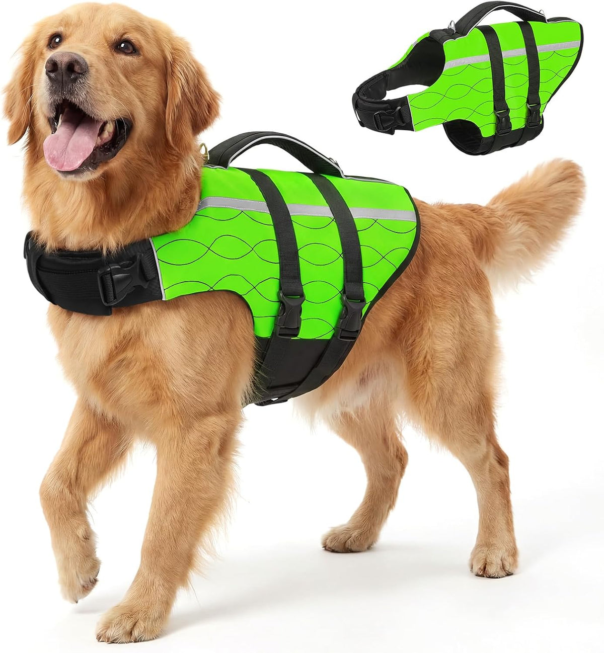 Queenmore Dog Life Jacket Large, Reflective Dog Life Vest for Swimming XXL, High Buoyancy Dogs Lifesaver with Rescue Handle, Adjustable Pet Swimming Vest Life Preserver for Large Dogs(Green,2Xl)